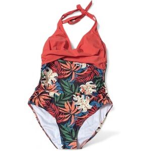 NWOT From Amazon Tropical Wrap Front Halter One Piece Swimsuit Size S